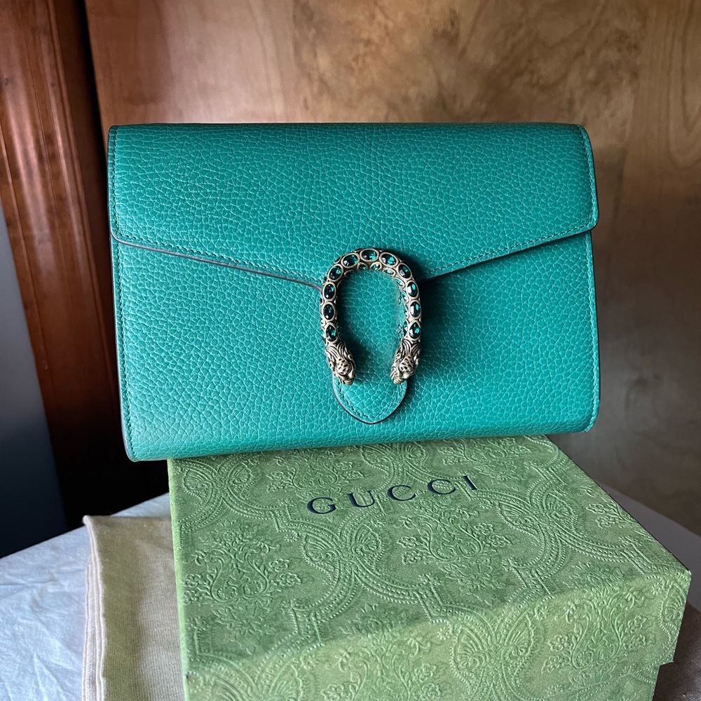 NWT Gucci Dionysus Leather Mini Chain Bag, Green Crossbody